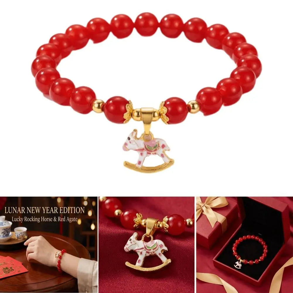 Red beaded bracelet with rocking horse charm on a white background