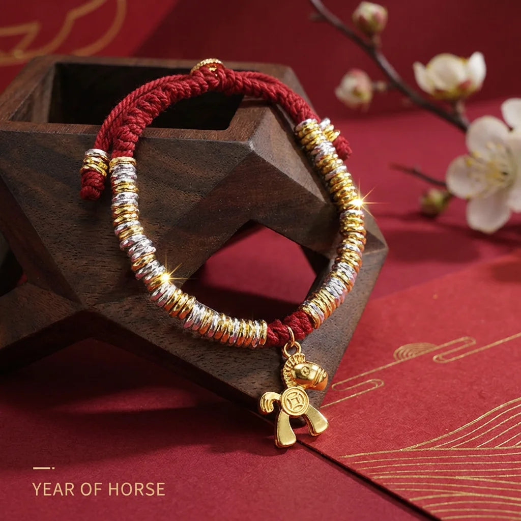 Bracelet with gold and silver beads and a horse charm on a red background