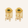 Vintage Protective Evil Eye Earrings featuring gold-tone evil eye drops, dangling tassel chains, pearl accents, and sparkling crystal details in a clean product image.