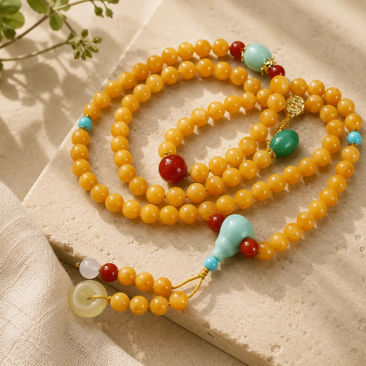 Amber 108 Wrist Mala detail view with turquoise and amber