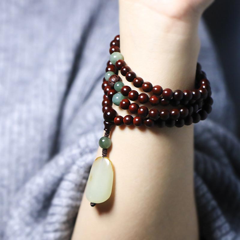 Tibetan Small Leaf Red Sandalwood Jade Mala