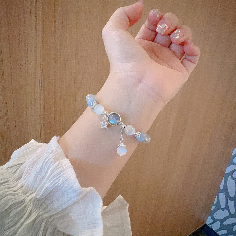 Blue Crystal Beaded Butterfly Charm Bracelet worn on wrist for calm and clarity