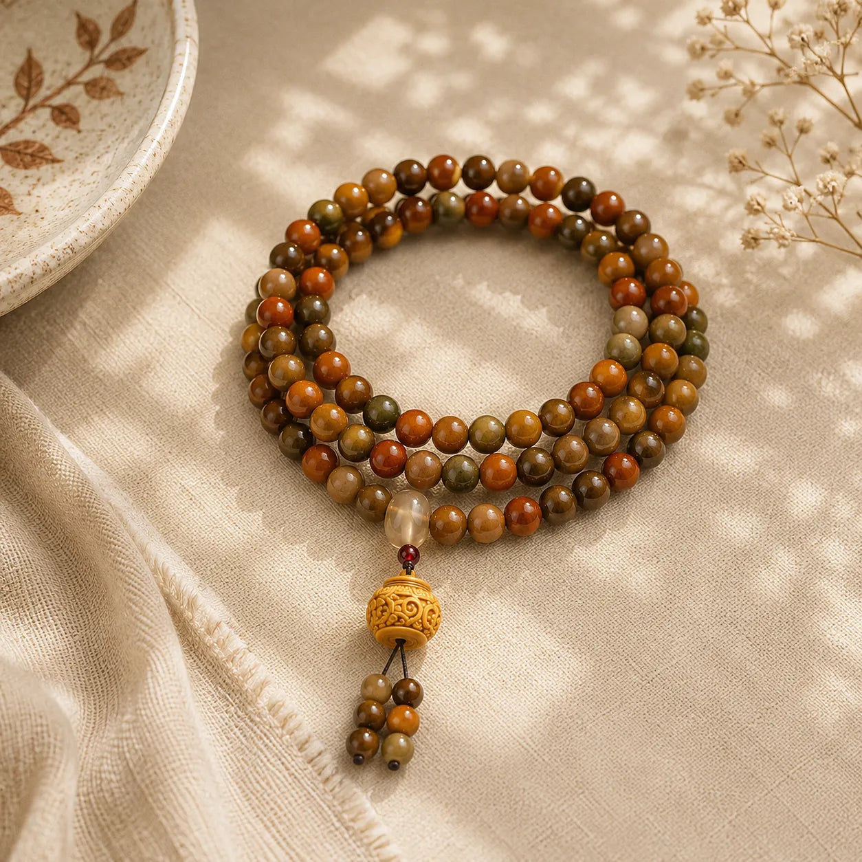Bodhi 108 Wrist Mala detail view with bodhi