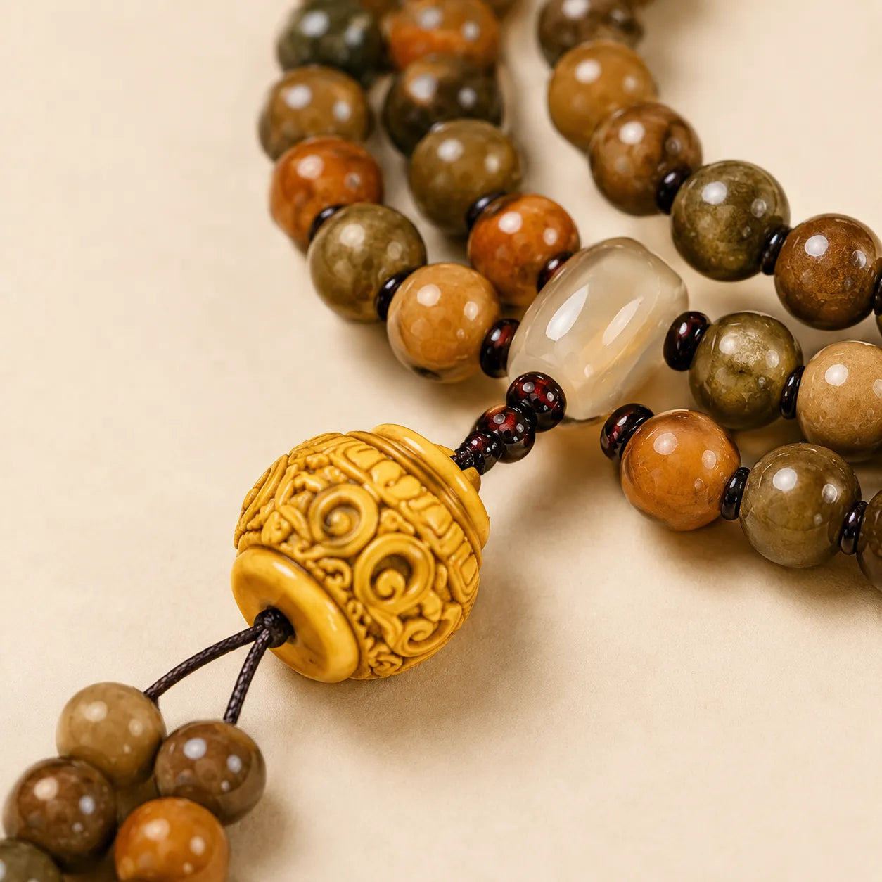 Bodhi 108 Wrist Mala shown from another angle with bodhi