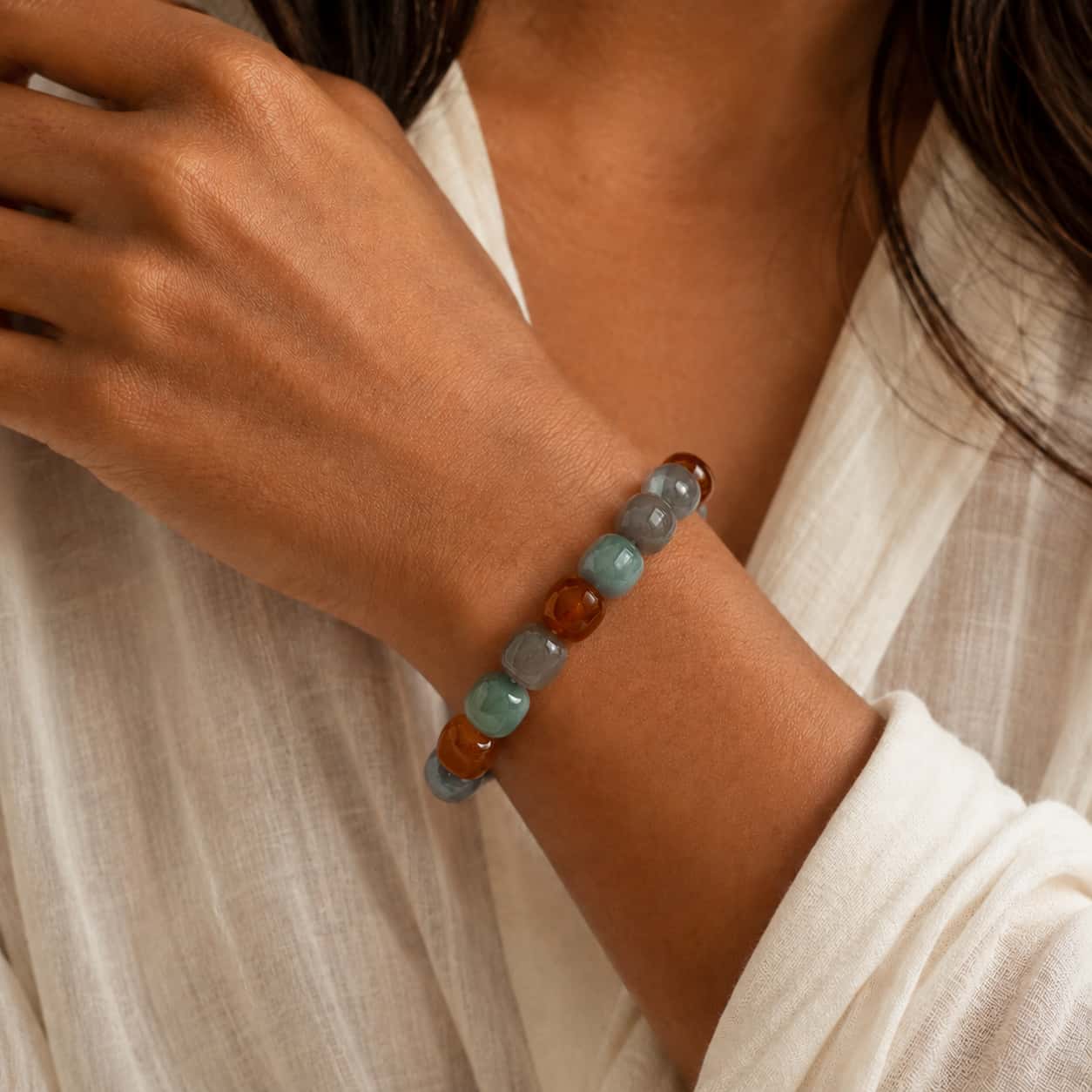 Close-up of Bodhi Root Bead Bracelet with bodhi
