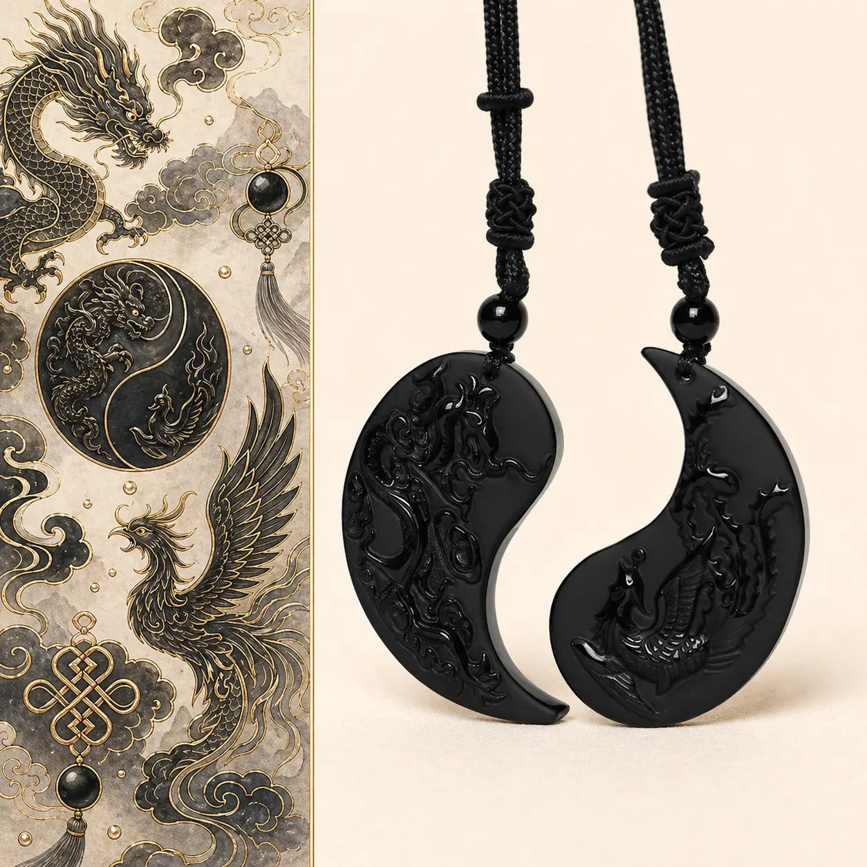 Bound Together Dragon Phoenix Obsidian Couple Pendants with yin yang dragon and phoenix design by TheFuMaster