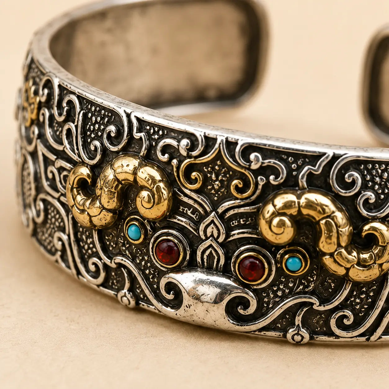 Carved Pixiu Cuff Bracelet detail view with pixiu