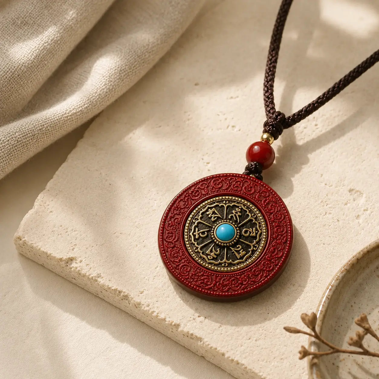Cinnabar Yin Yang Pendant detail view with cinnabar