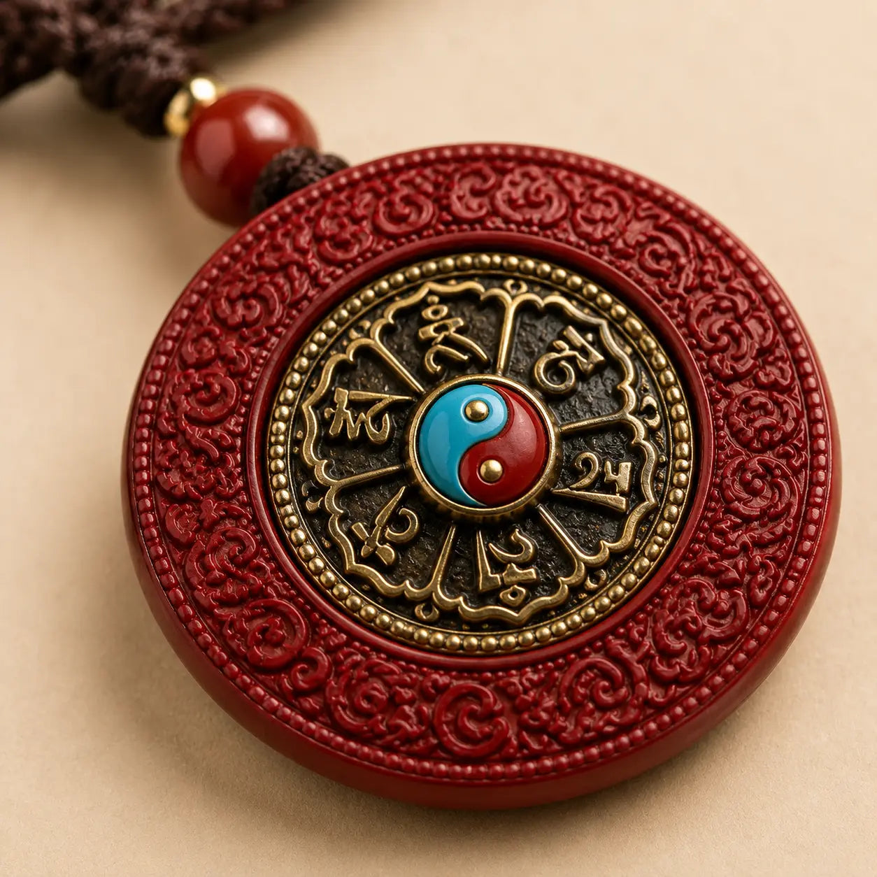Cinnabar Yin Yang Pendant shown from another angle with cinnabar