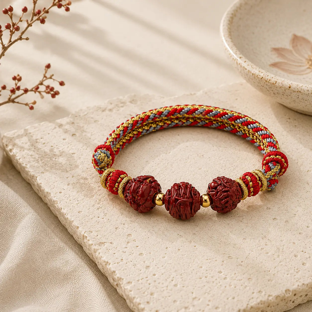 Cinnabar Zodiac Ox Sanhe Bracelet detail view with cinnabar