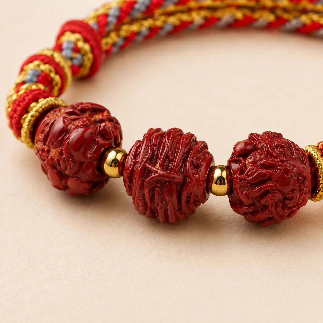 Cinnabar Zodiac Ox Sanhe Bracelet shown from another angle with cinnabar