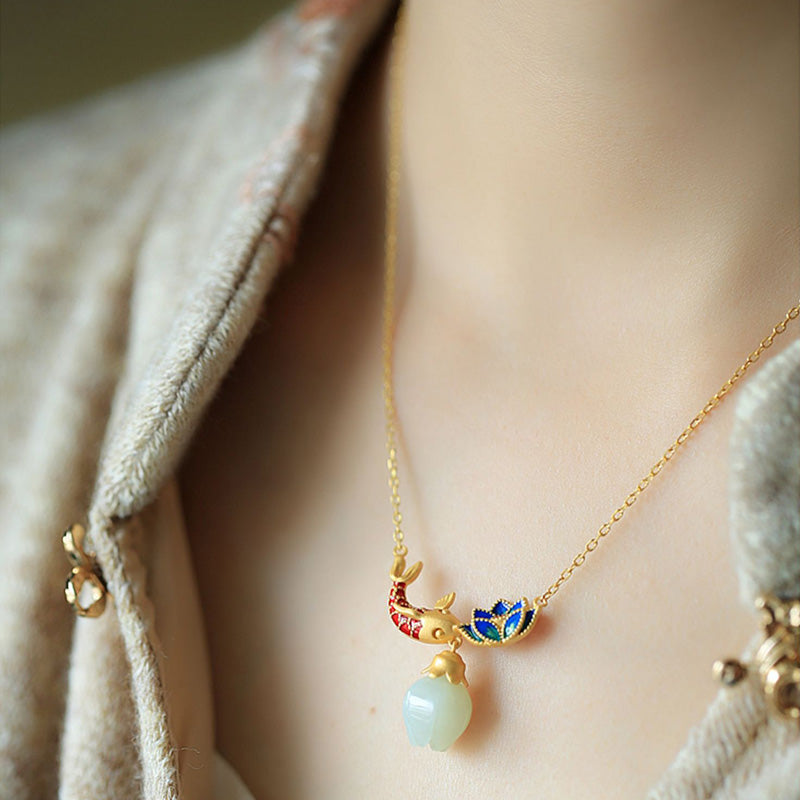 The Luminous Emergence White Jade Lotus & Koi Necklace