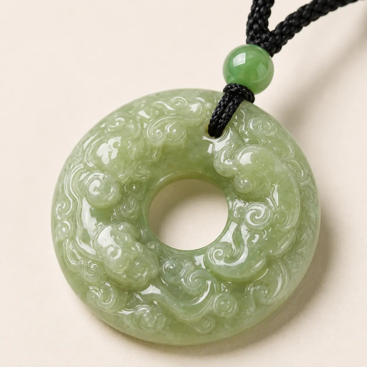 Double-Sided Pixiu Jade Peace Buckle Pendant shown from another angle with green jade and pixiu