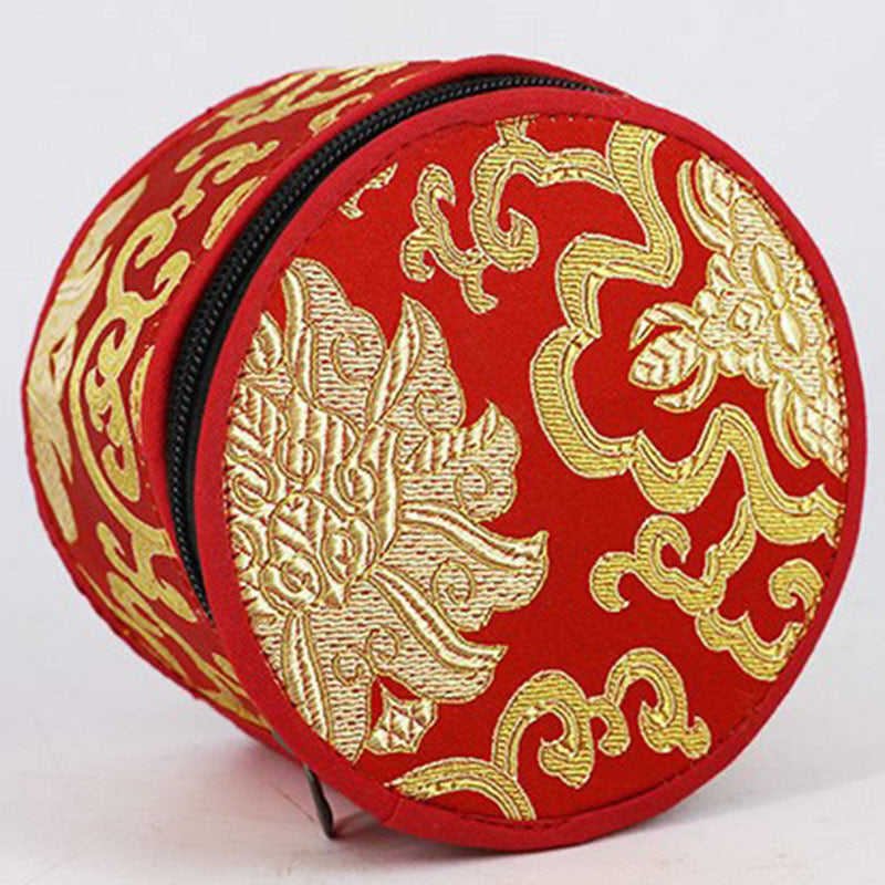 Red round pouch with gold dragon design on a white background