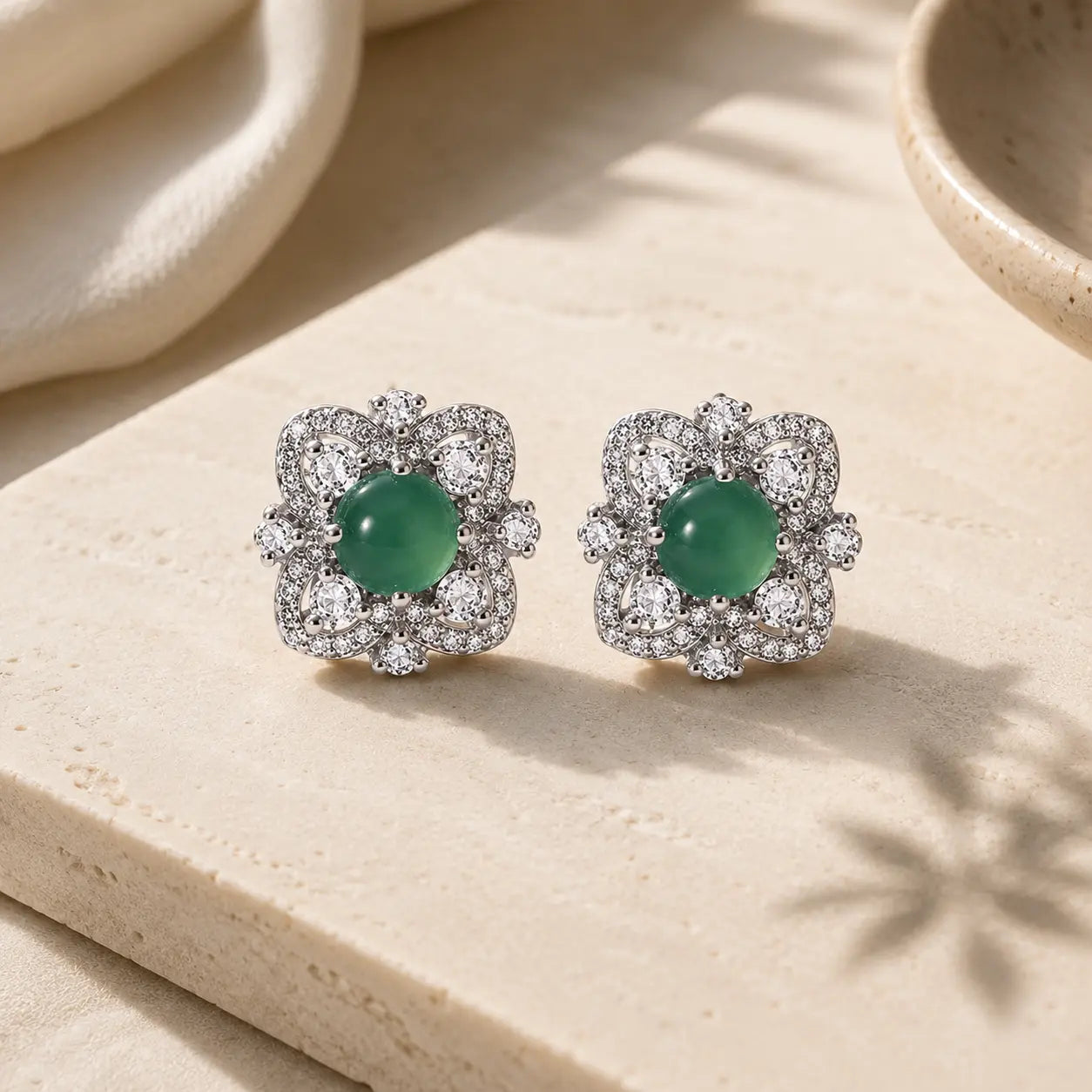 Four-Leaf Clover Chalcedony Stud Earrings detail view with chalcedony and four-leaf clover