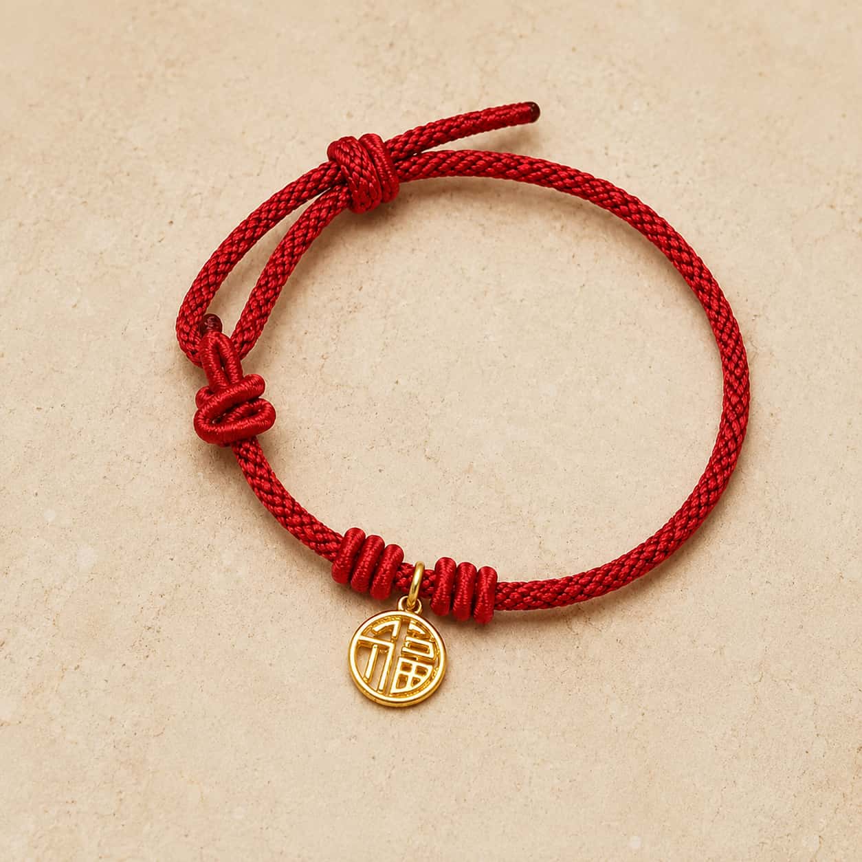 Fu Knot Red String Bracelet detail view with red string