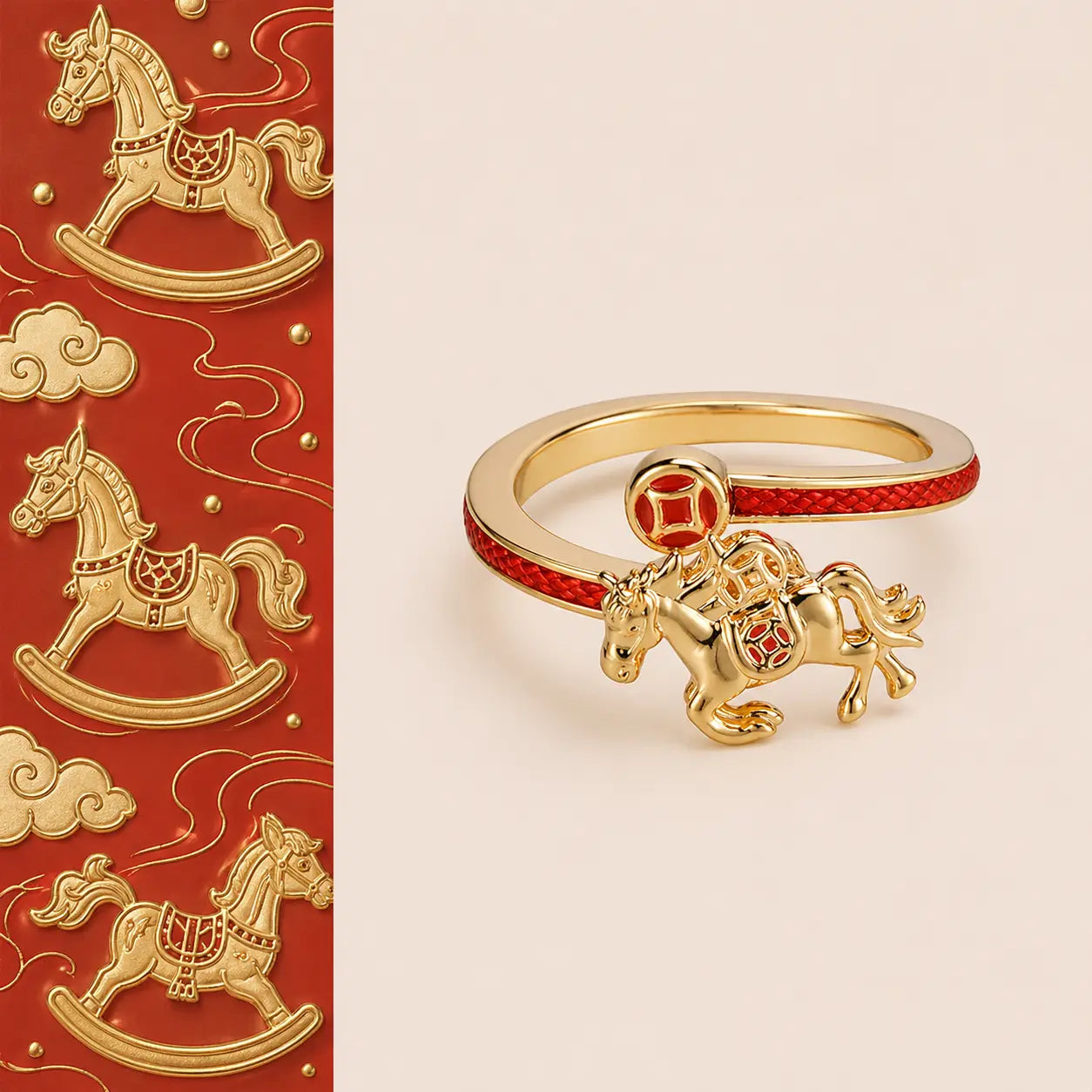 Galloping Fortune Zodiac Horse Coin Ring with gold-tone horse charm and red band by TheFuMaster