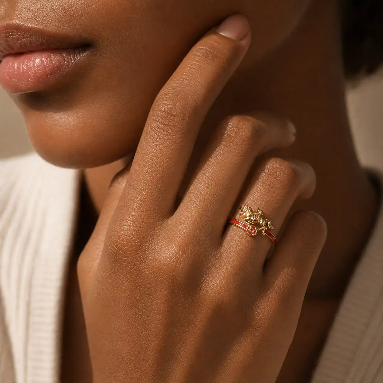 Galloping Fortune Zodiac Horse Coin Ring worn on hand as a Year of the Horse jewelry piece