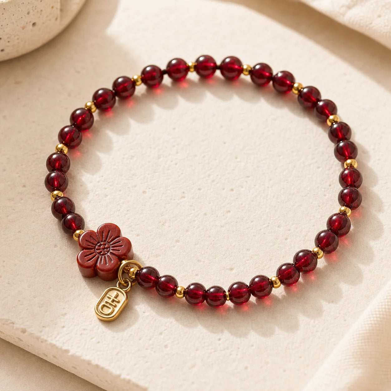 Garnet Cinnabar Flower Bracelet detail view with garnet and cinnabar