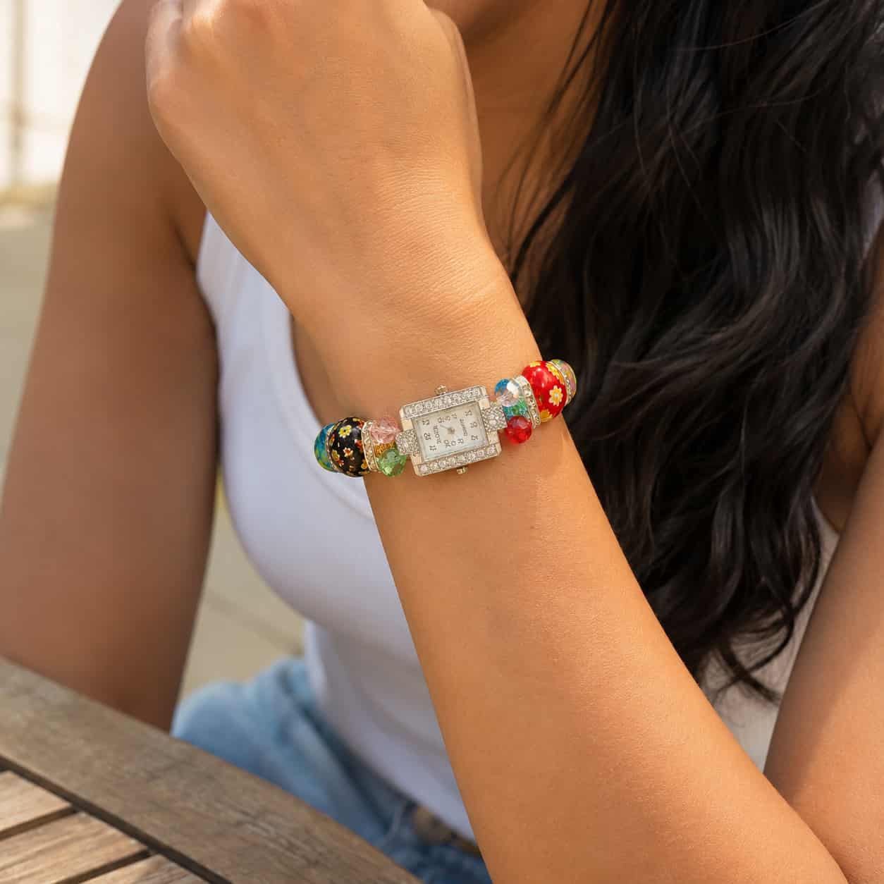 Close-up of Glazed Flower Watch Bracelet