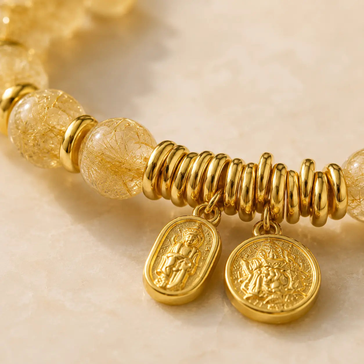 Gold Rutilated Quartz Wealth Bracelet shown from another angle with rutilated quartz
