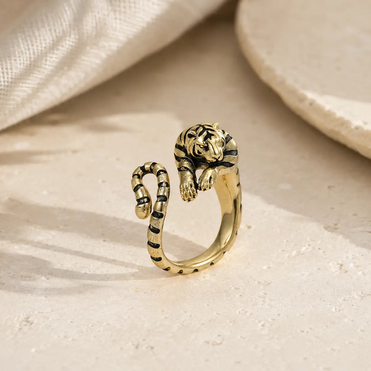 Close-up of Gold Zodiac Tiger Adjustable Open Ring