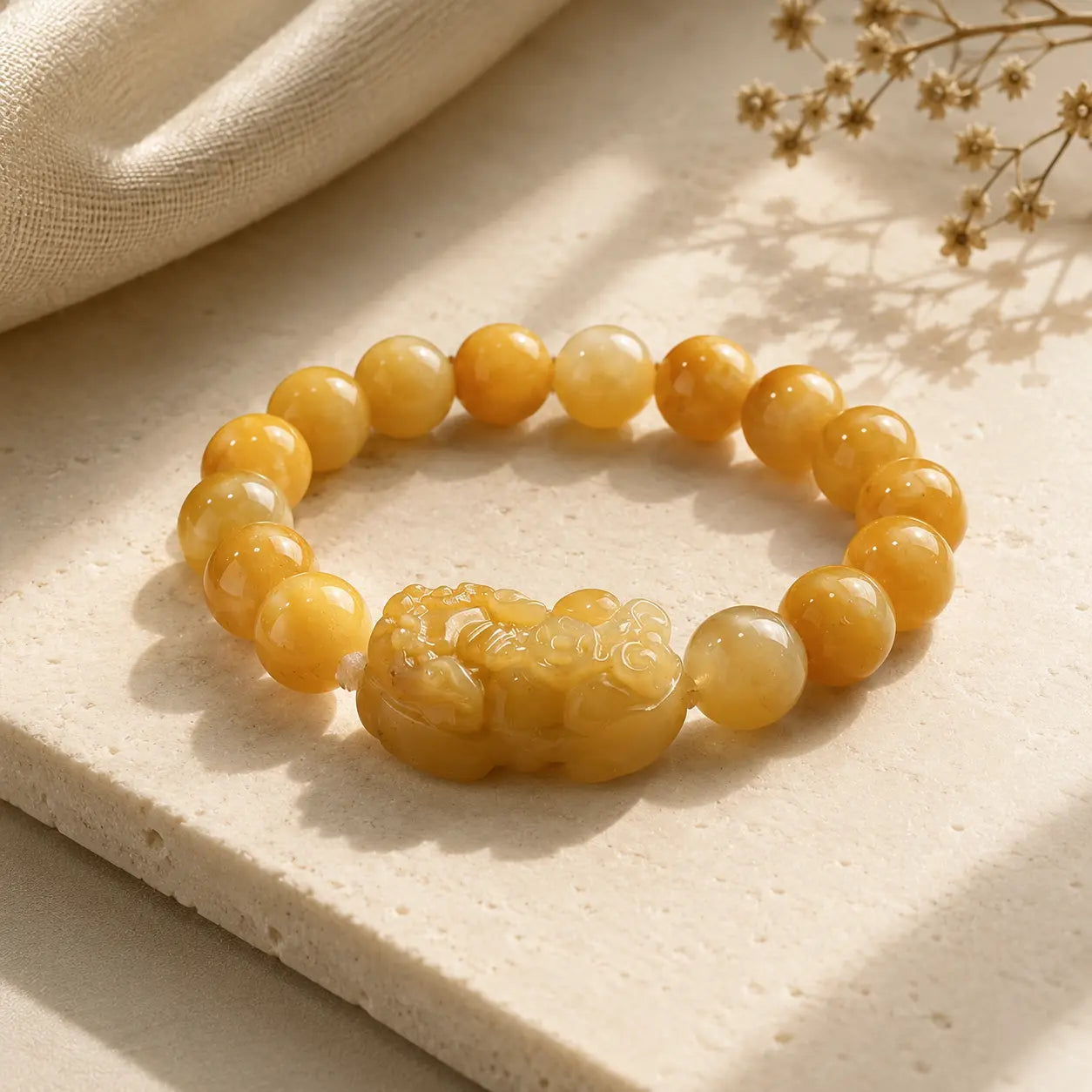 Golden Pixiu Jade Bracelet detail view with pixiu