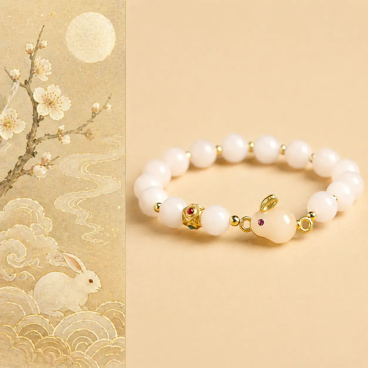 Golden Silk Jade Cute Rabbit Good Luck Bracelet with white beads, gold accents, and rabbit symbolism by TheFuMaster