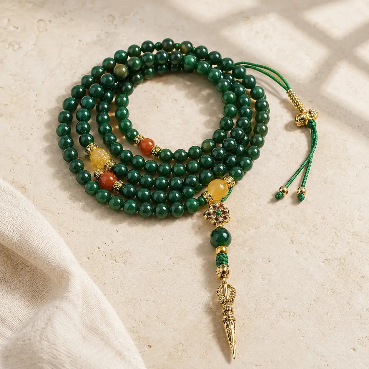 Green Agate 108 Mala detail view with agate