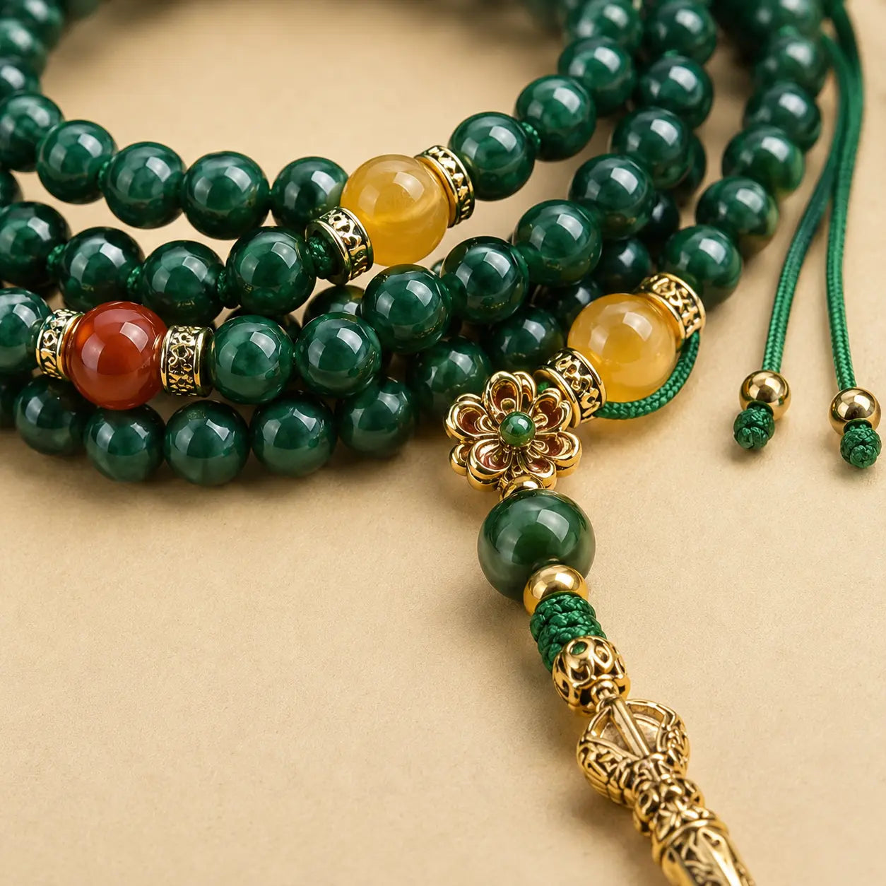 Green Agate 108 Mala shown from another angle with agate