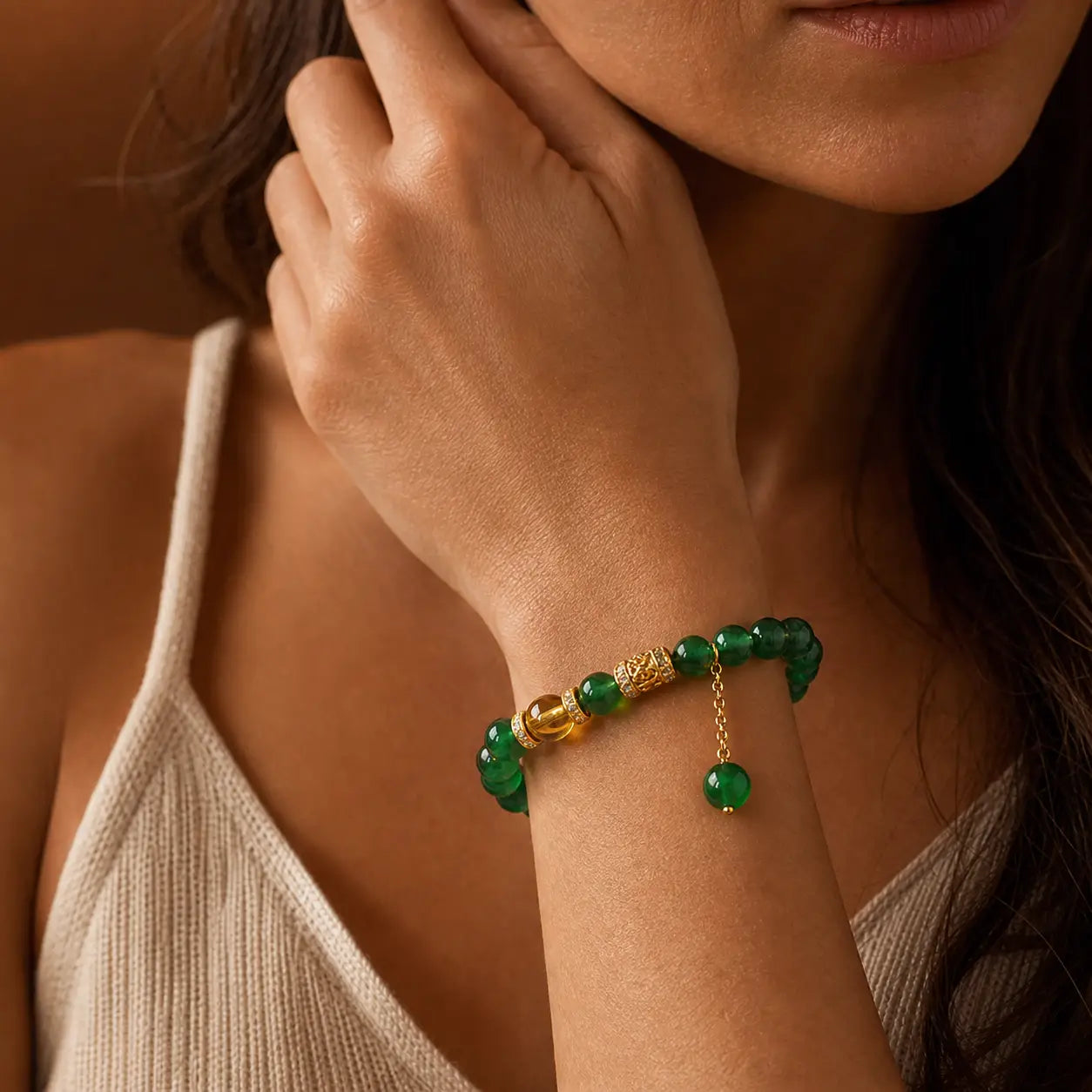 Steady Fortune Green Agate Drop Bracelet worn on wrist with green agate beads