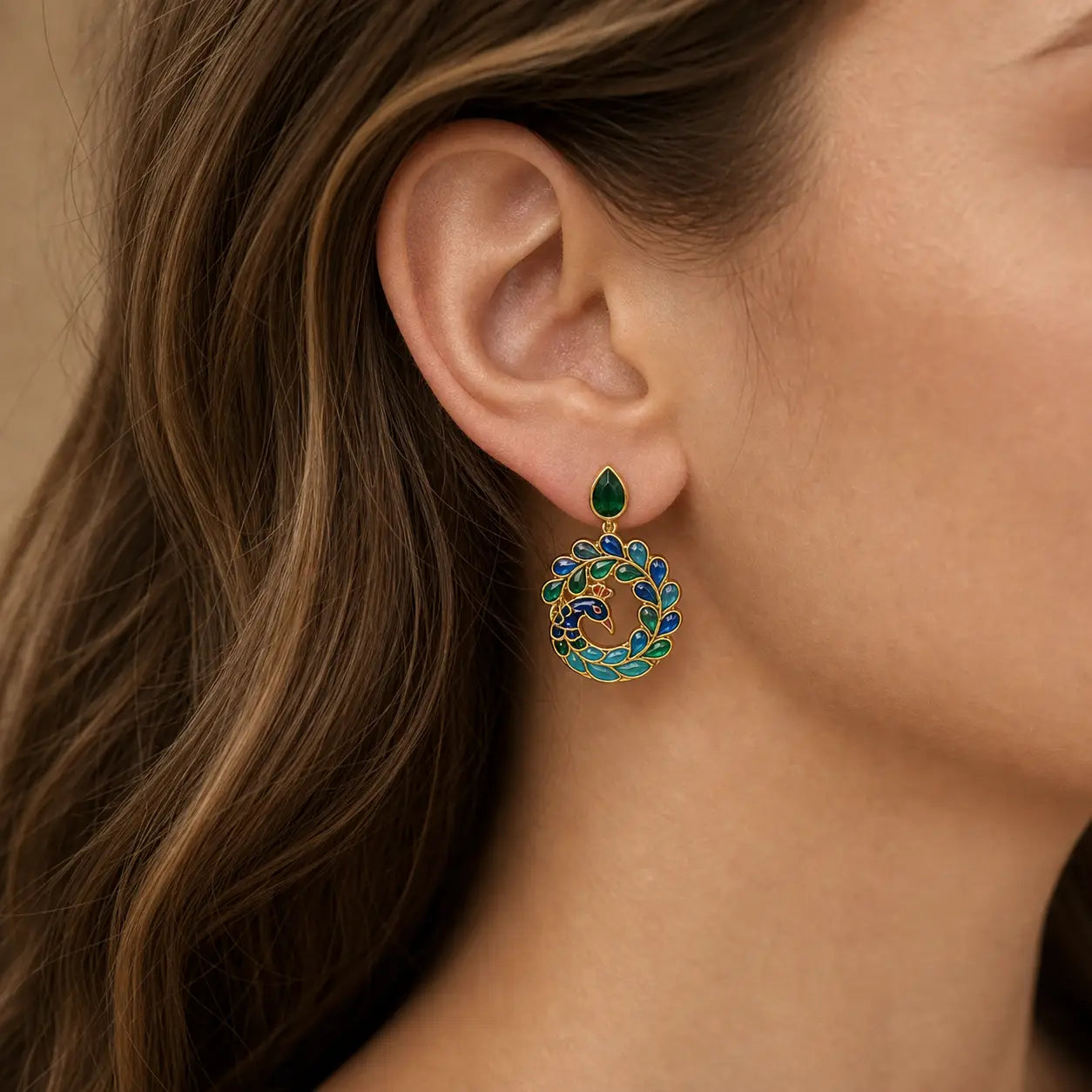 Radiant Fortune Green Agate Earrings worn as decorative peacock-style earrings