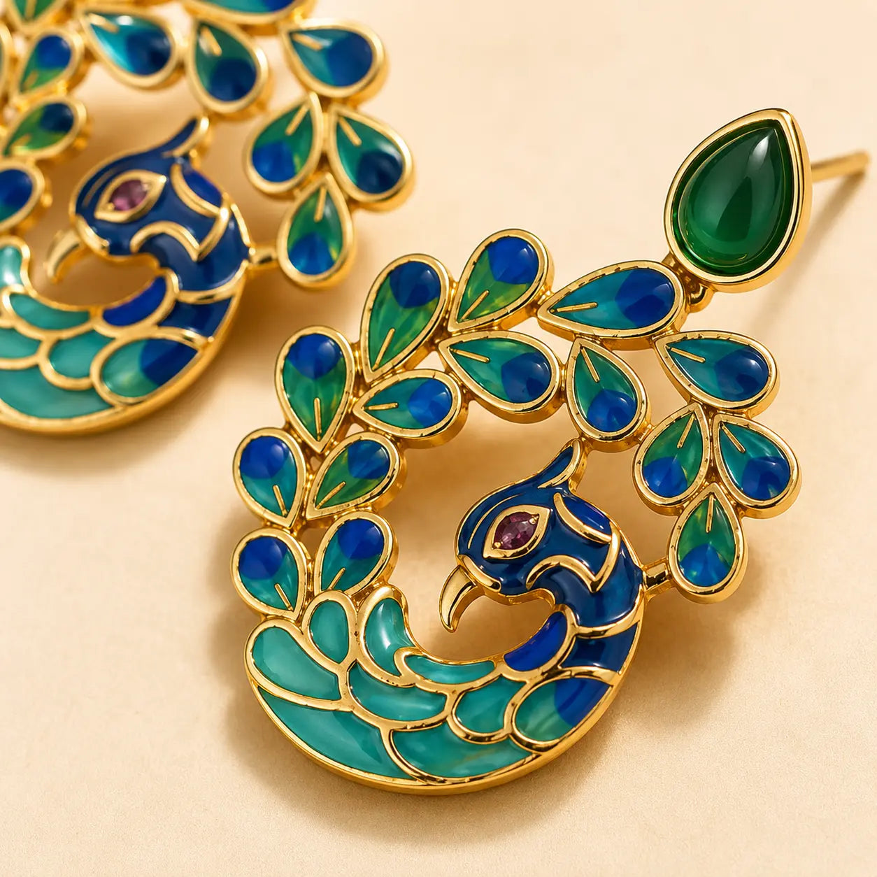 Green Agate Peacock Earrings shown from another angle with agate