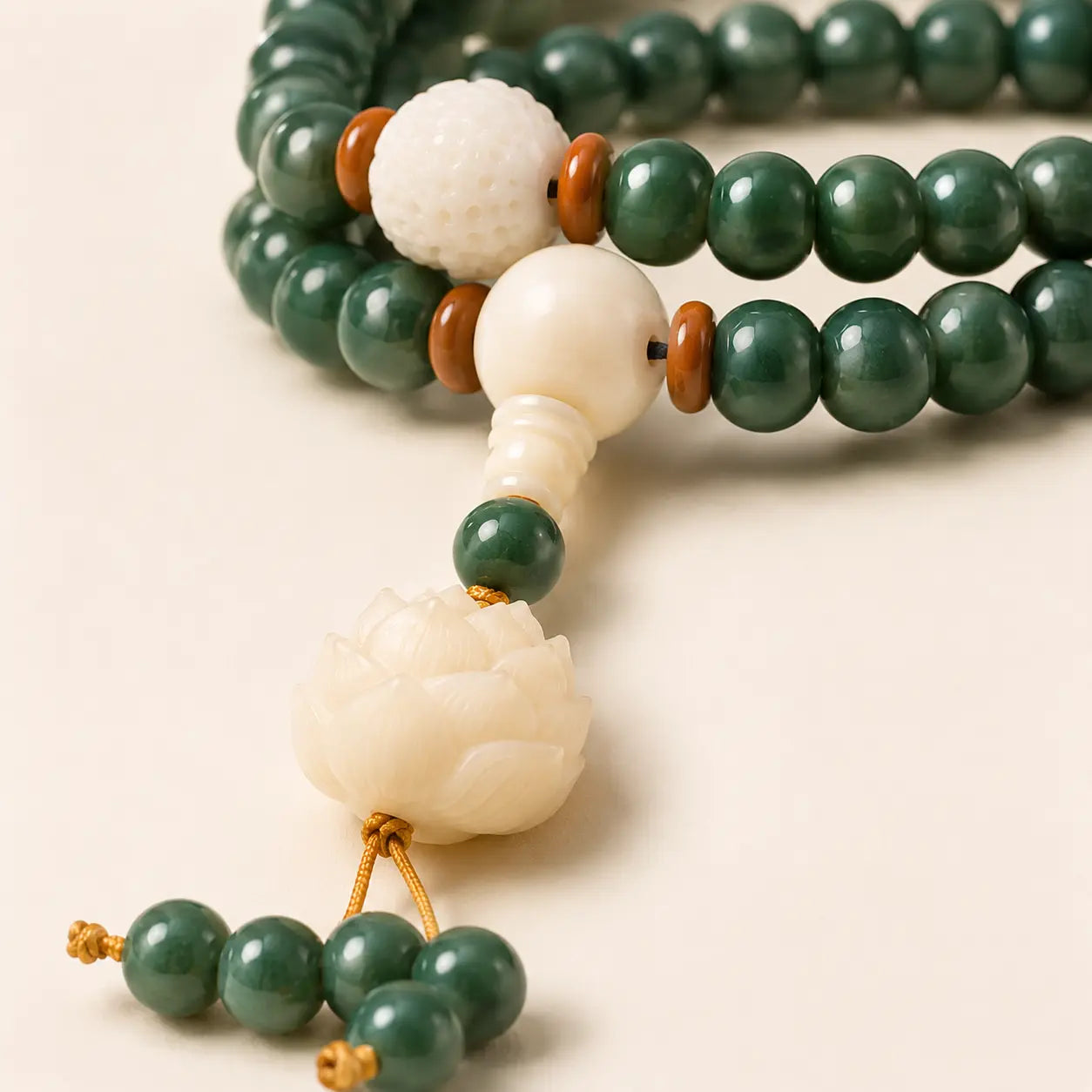 Green Bodhi Root Double Circle Bracelet shown from another angle with bodhi