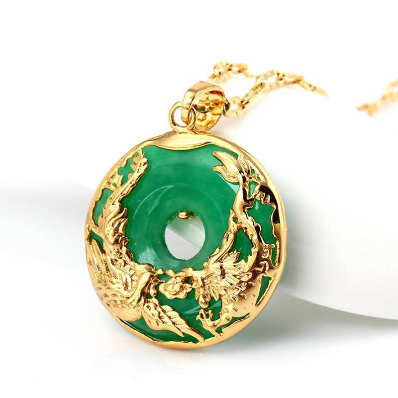 Full view of Verdant Vitality Dragon Pendant with gold and green jade design