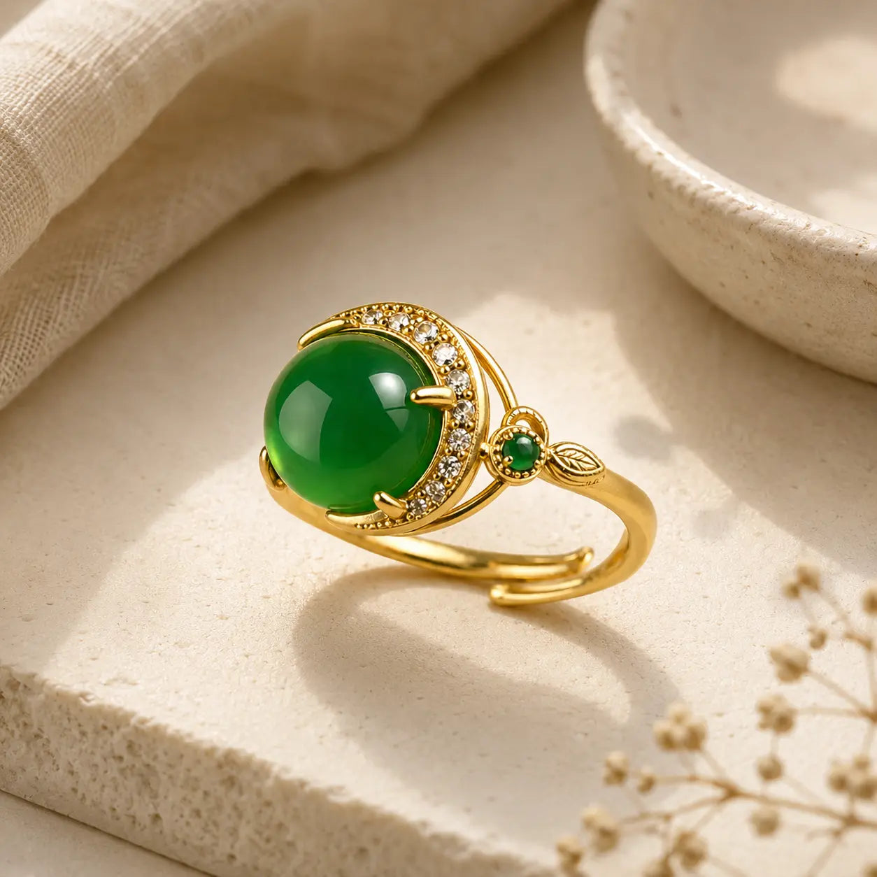 Green Jade Fortune Ring detail view with green jade