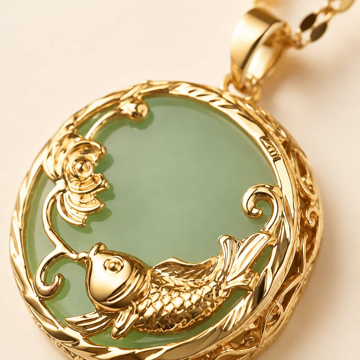 Green Jade Koi Fish Pendant Necklace detail view with green jade and koi