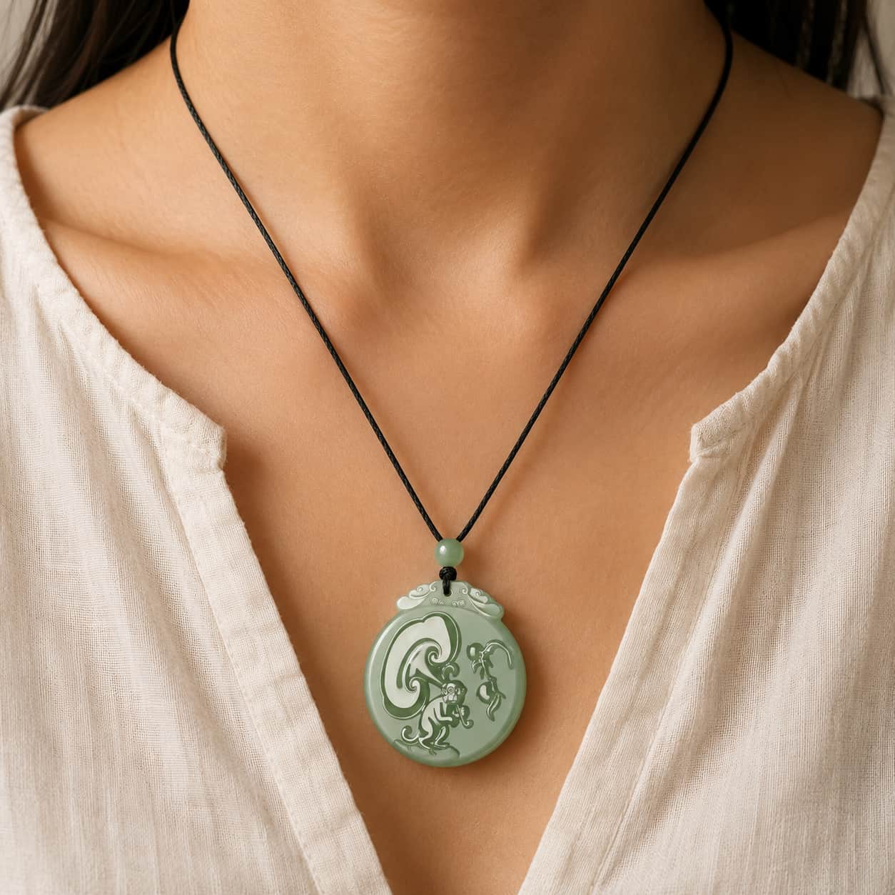 Close-up of Green Jade Monkey Zodiac Pendant with green jade