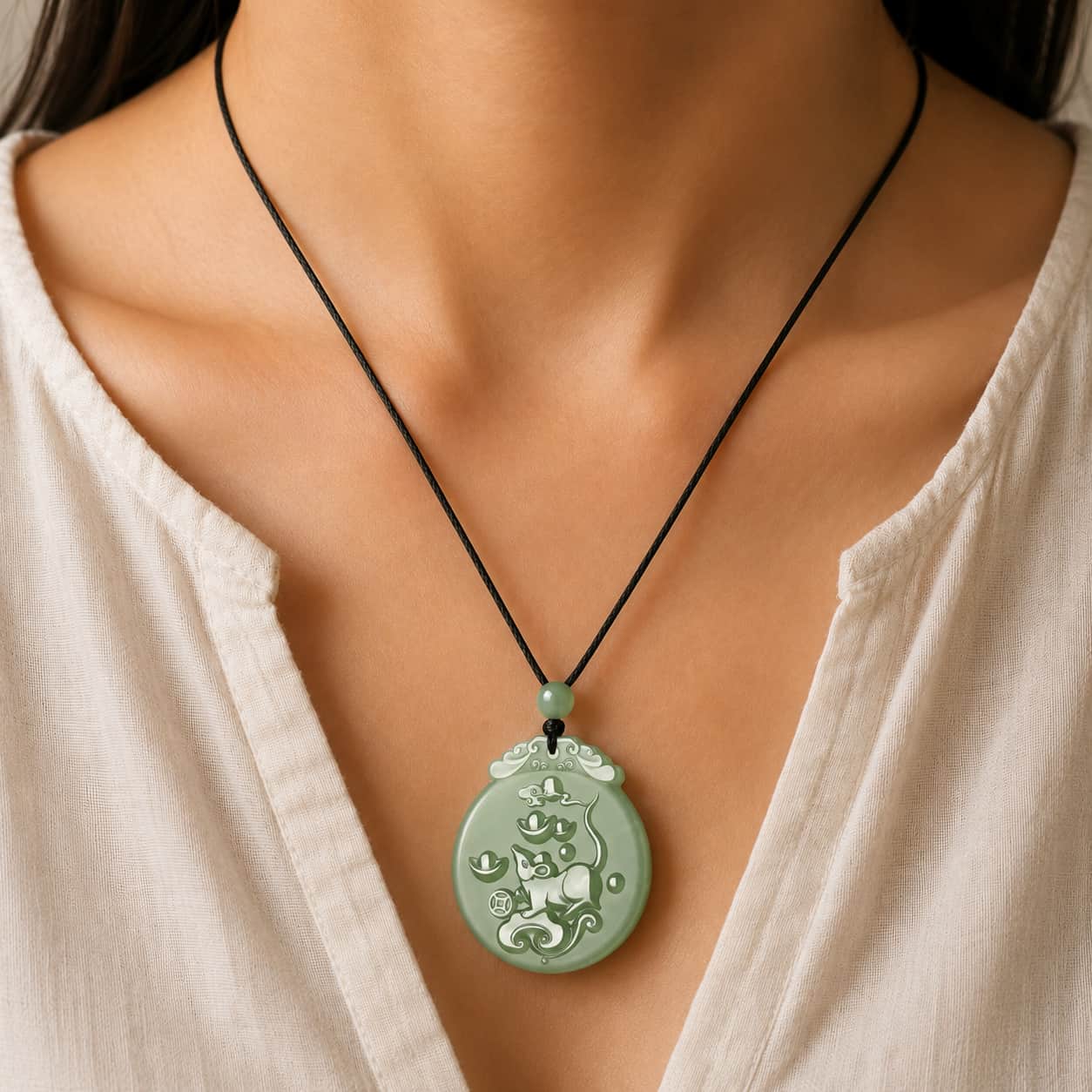 Close-up of Green Jade Rat Zodiac Pendant with green jade