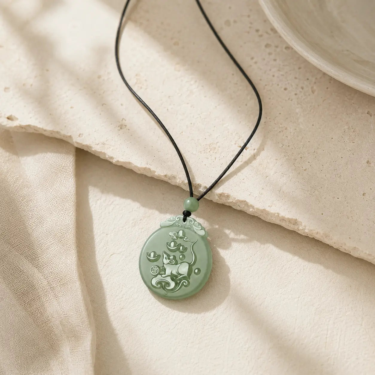 Green Jade Rat Zodiac Pendant detail view with green jade