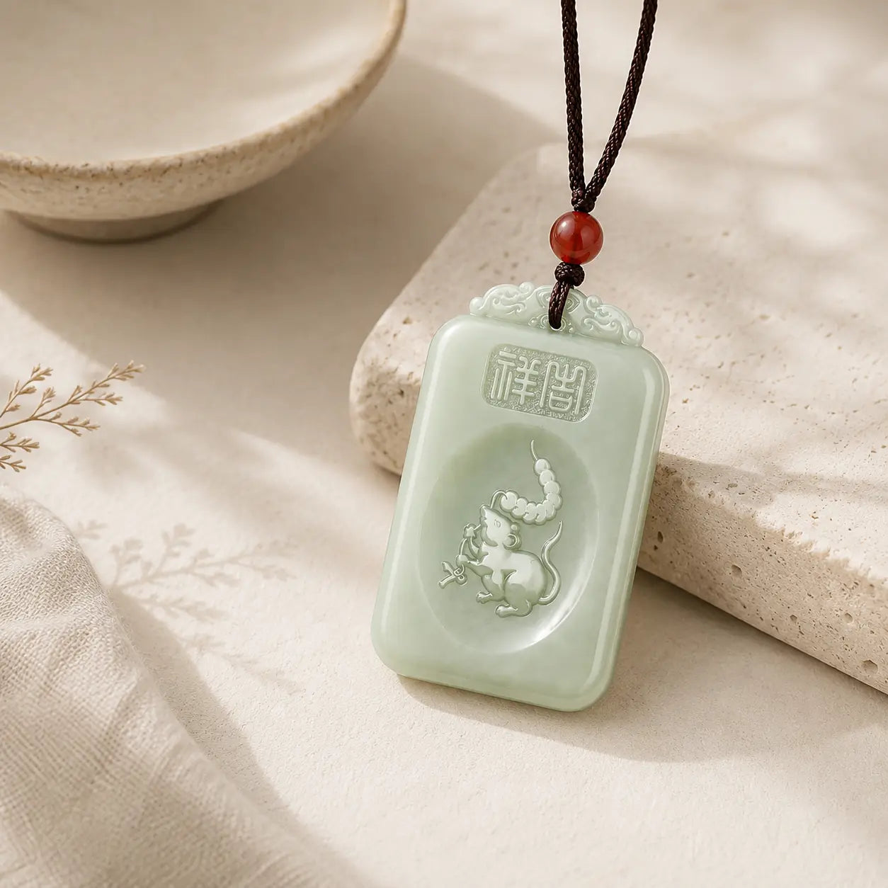 Greenish White Jade Rat Zodiac Guardian Pendant detail view with white jade