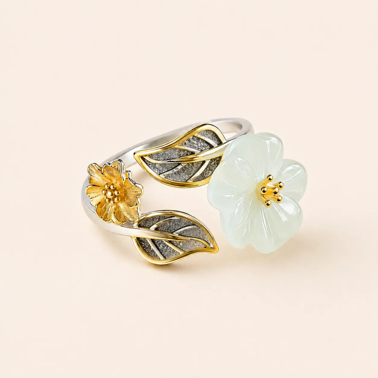 Hetian Jade Lotus Statement Ring with lotus