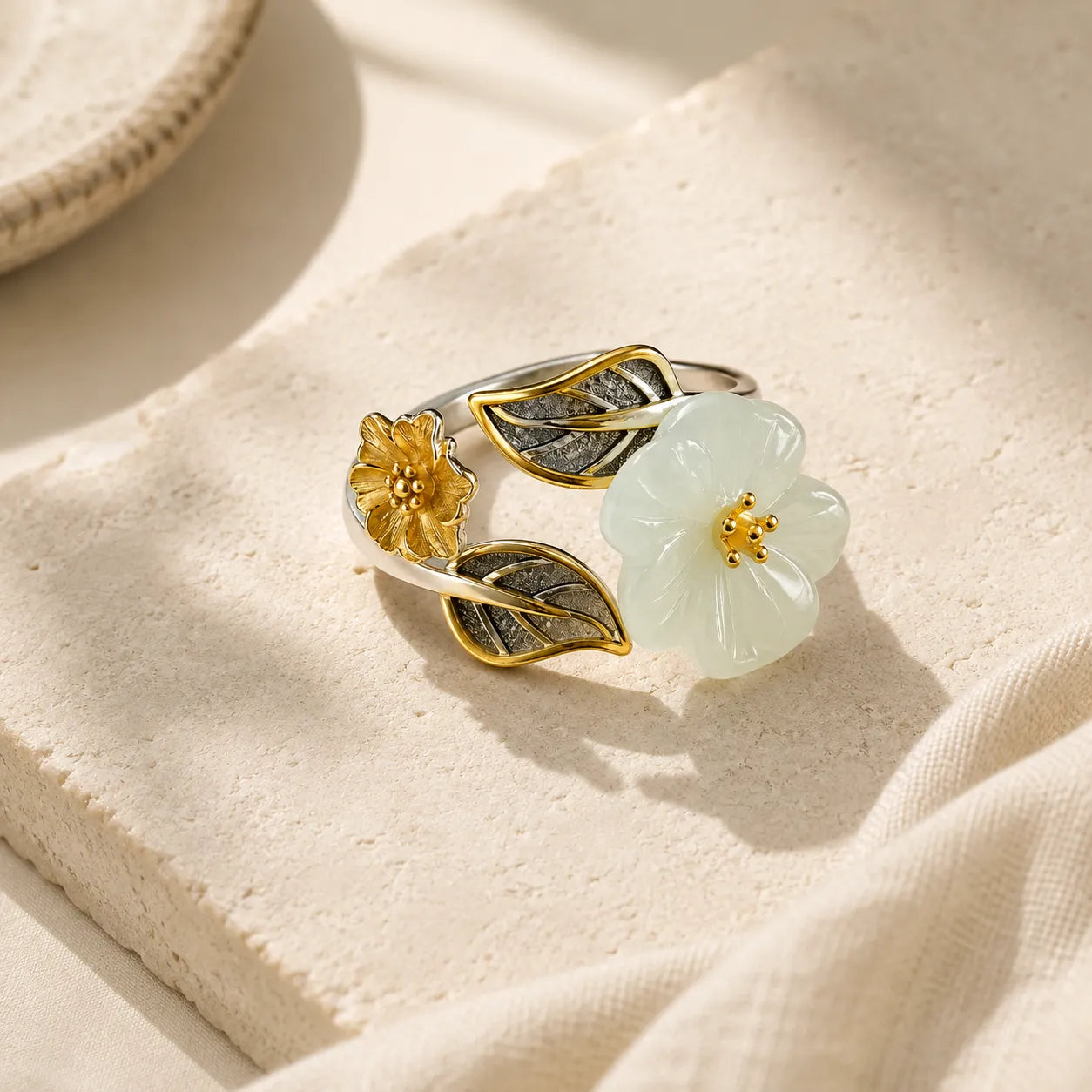 Hetian Jade Lotus Statement Ring detail view with lotus