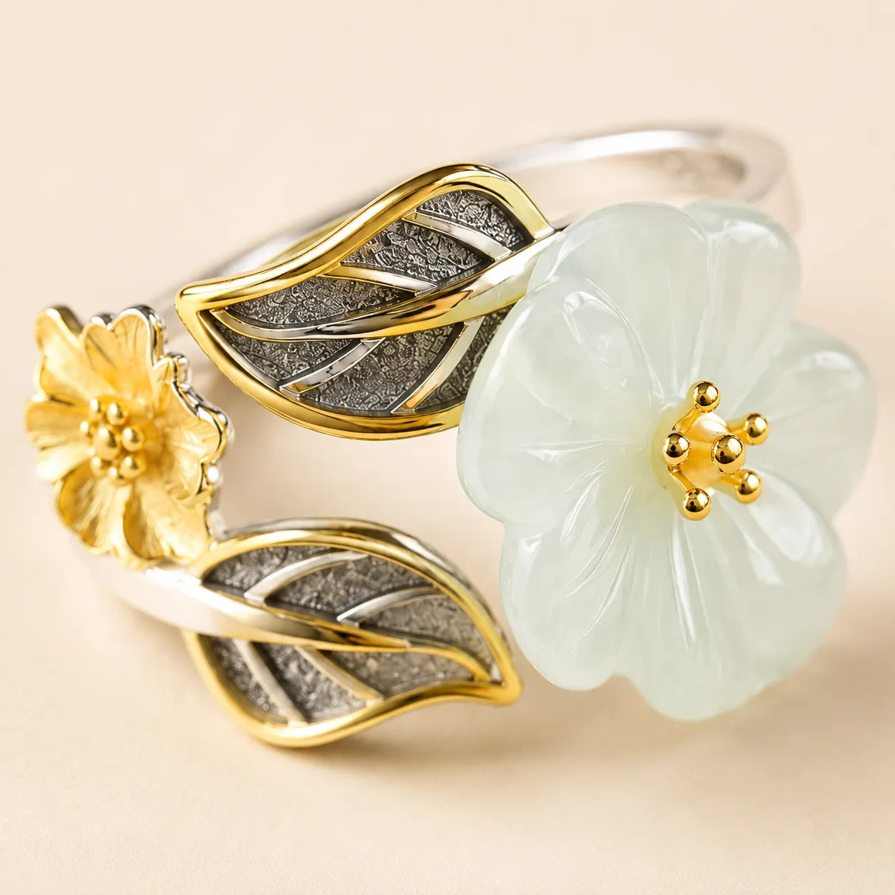 Hetian Jade Lotus Statement Ring shown from another angle with lotus