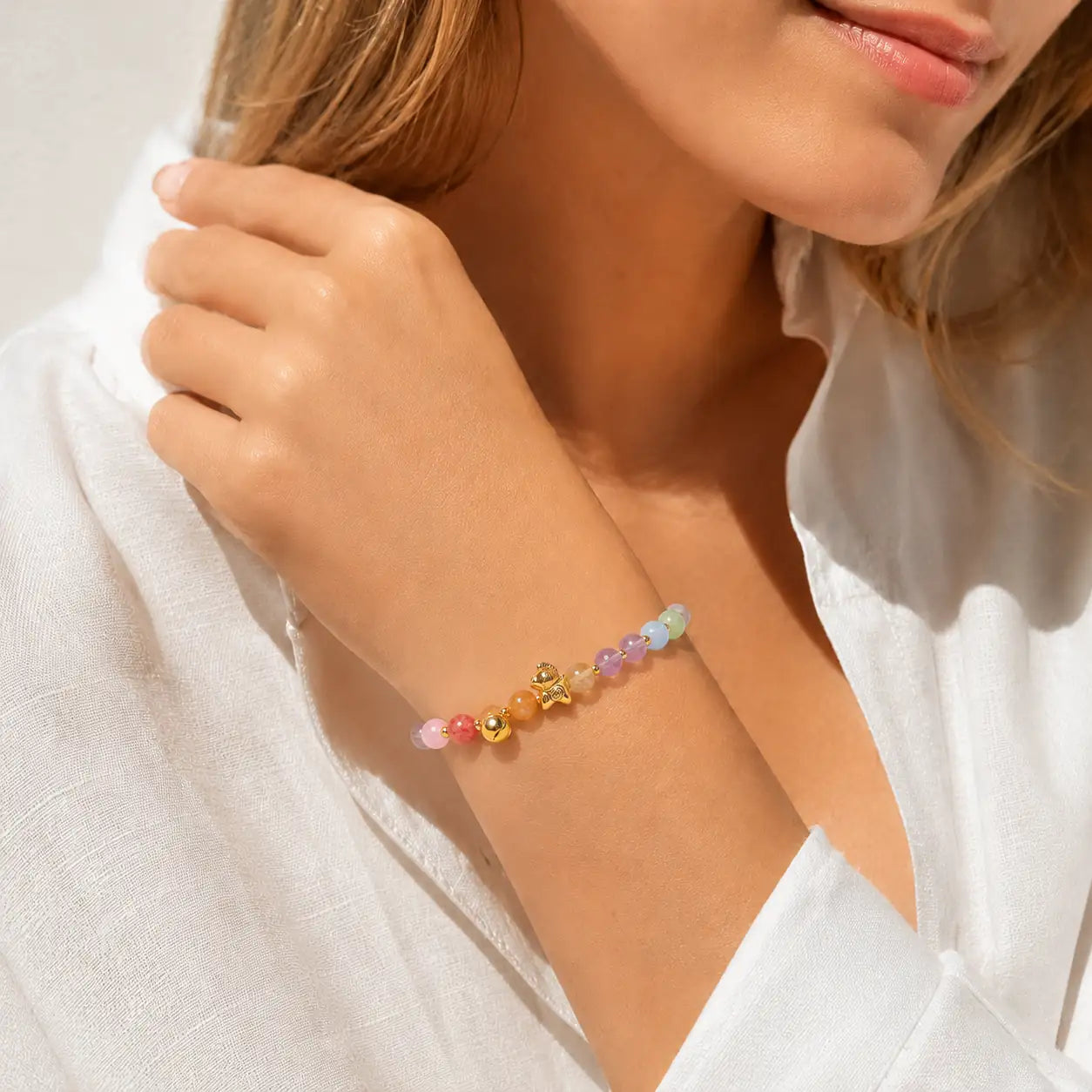 Close-up of Horse Year Crystal Bracelet with amethyst and citrine