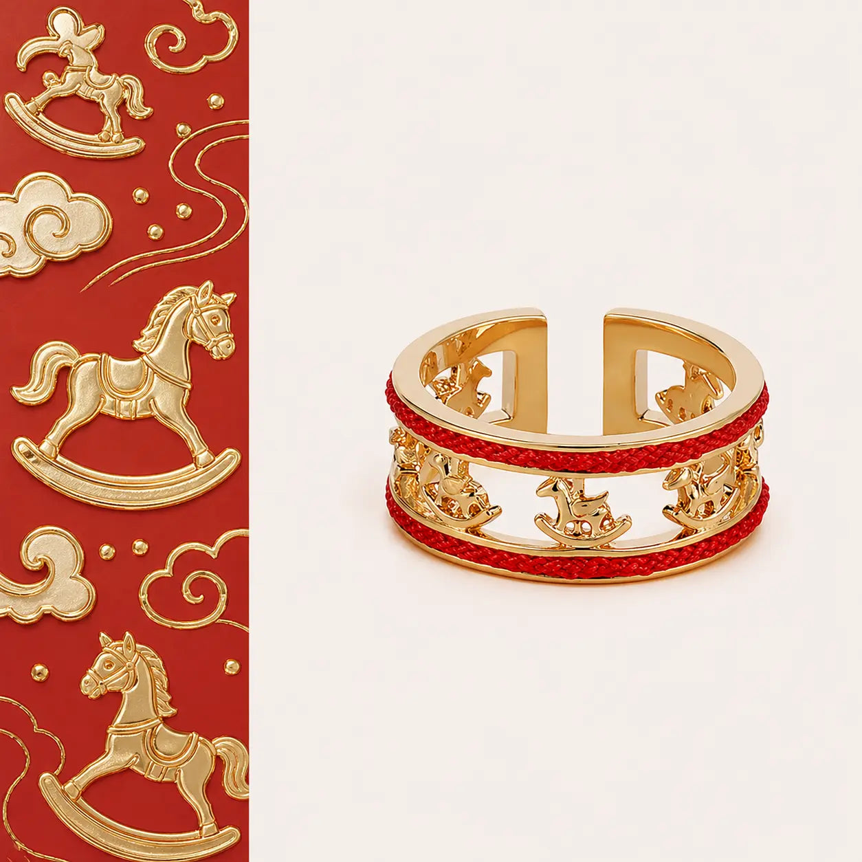 Guarded Fortune Horse Year Statement Ring with gold band and red horse design by TheFuMaster