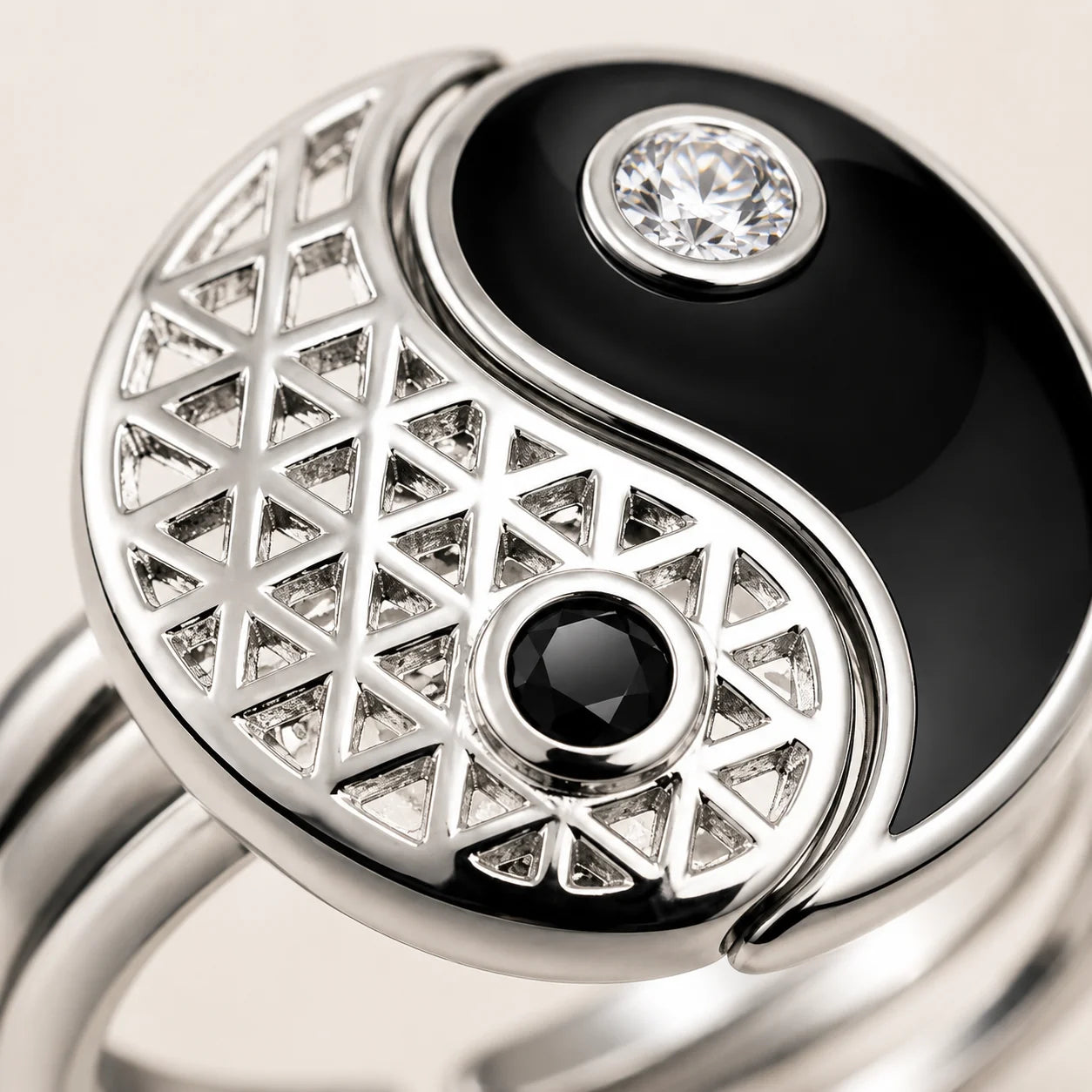 Yin Yang Black Enamel Hollow Couple Ring Set