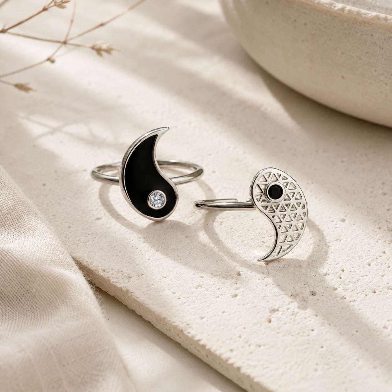 Yin Yang Black Enamel Hollow Couple Ring Set