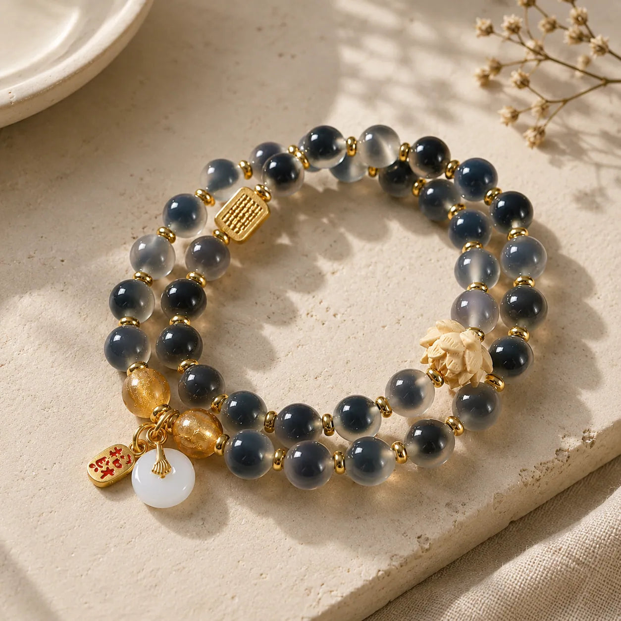 White Sugar Agate Lotus Bracelet
