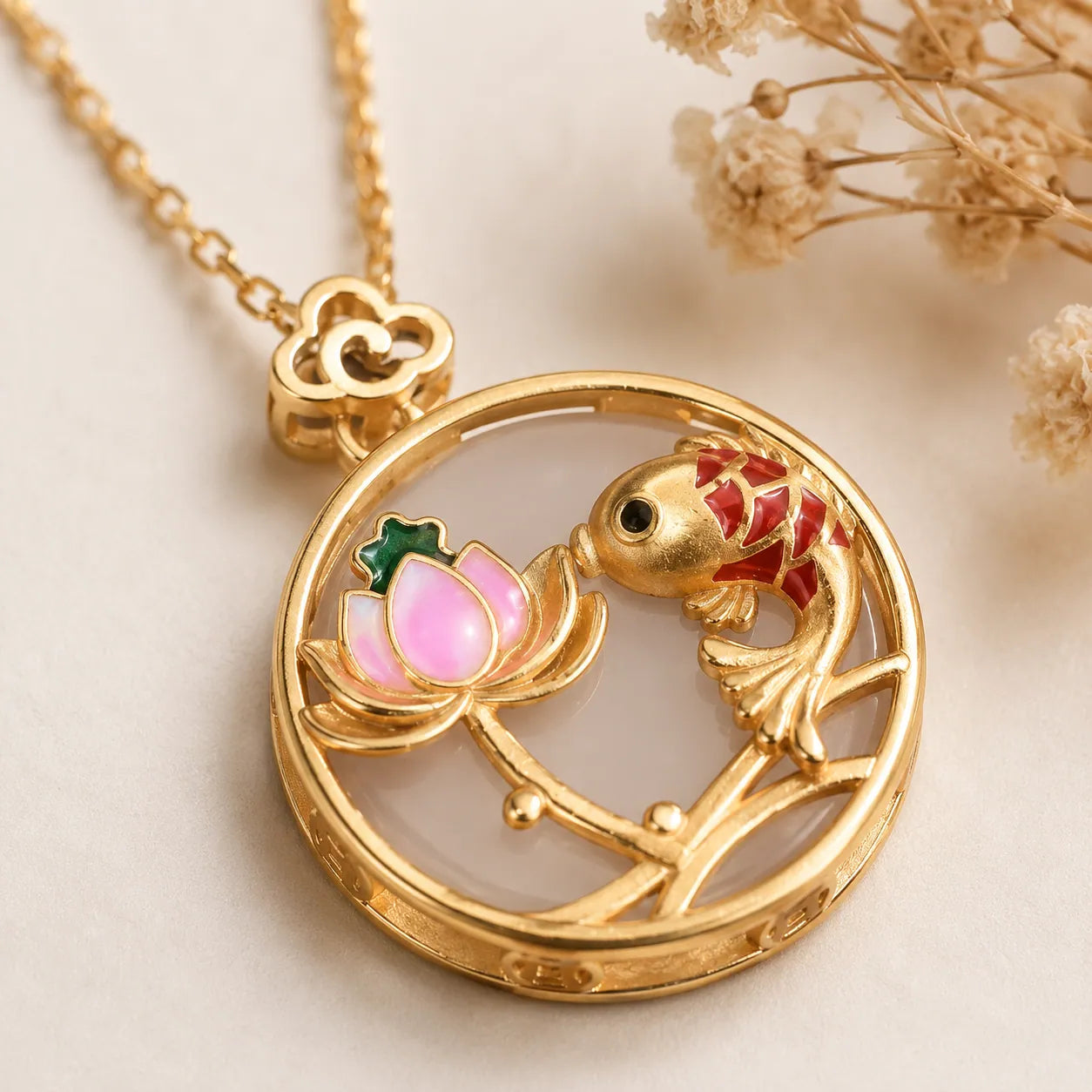 White Jade Koi Lotus Necklace